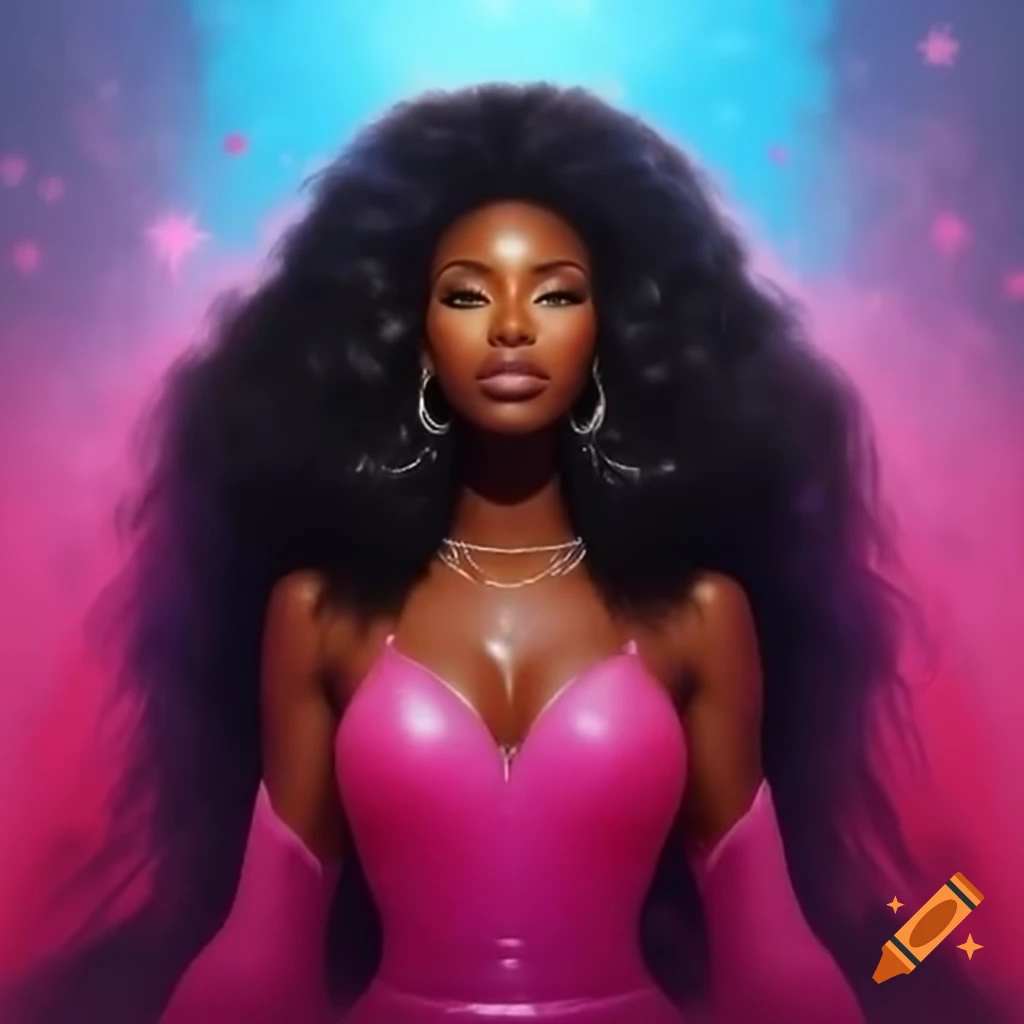 Black female singer in long flowing hair performing on stage in pink glittering outfit