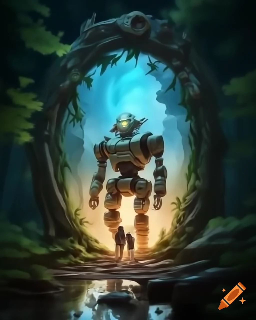 Robot entering magical fantasy portal in forest, epic and dramatic
