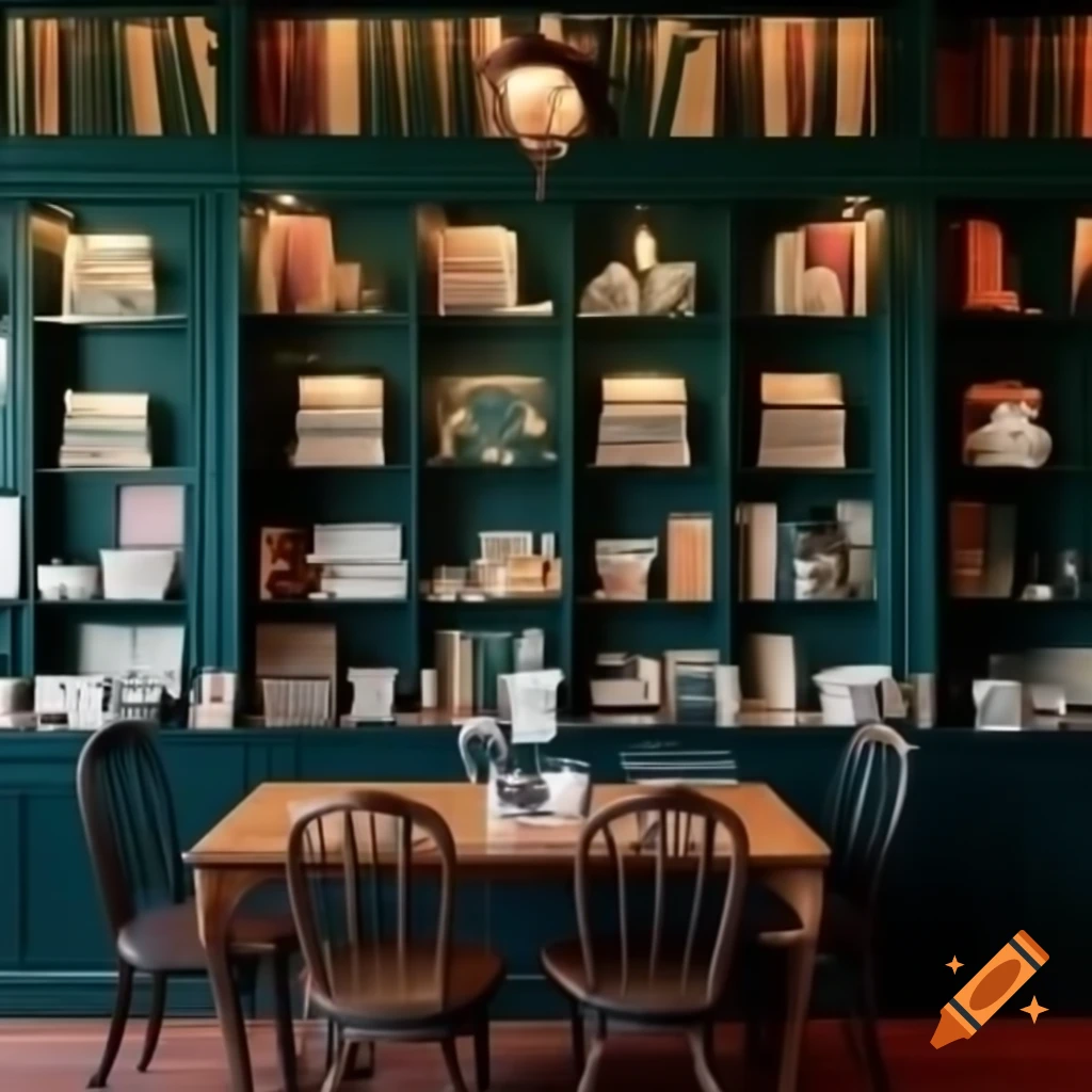 Cozy cafe interior with vintage books, dark wood furniture, and botanical decor