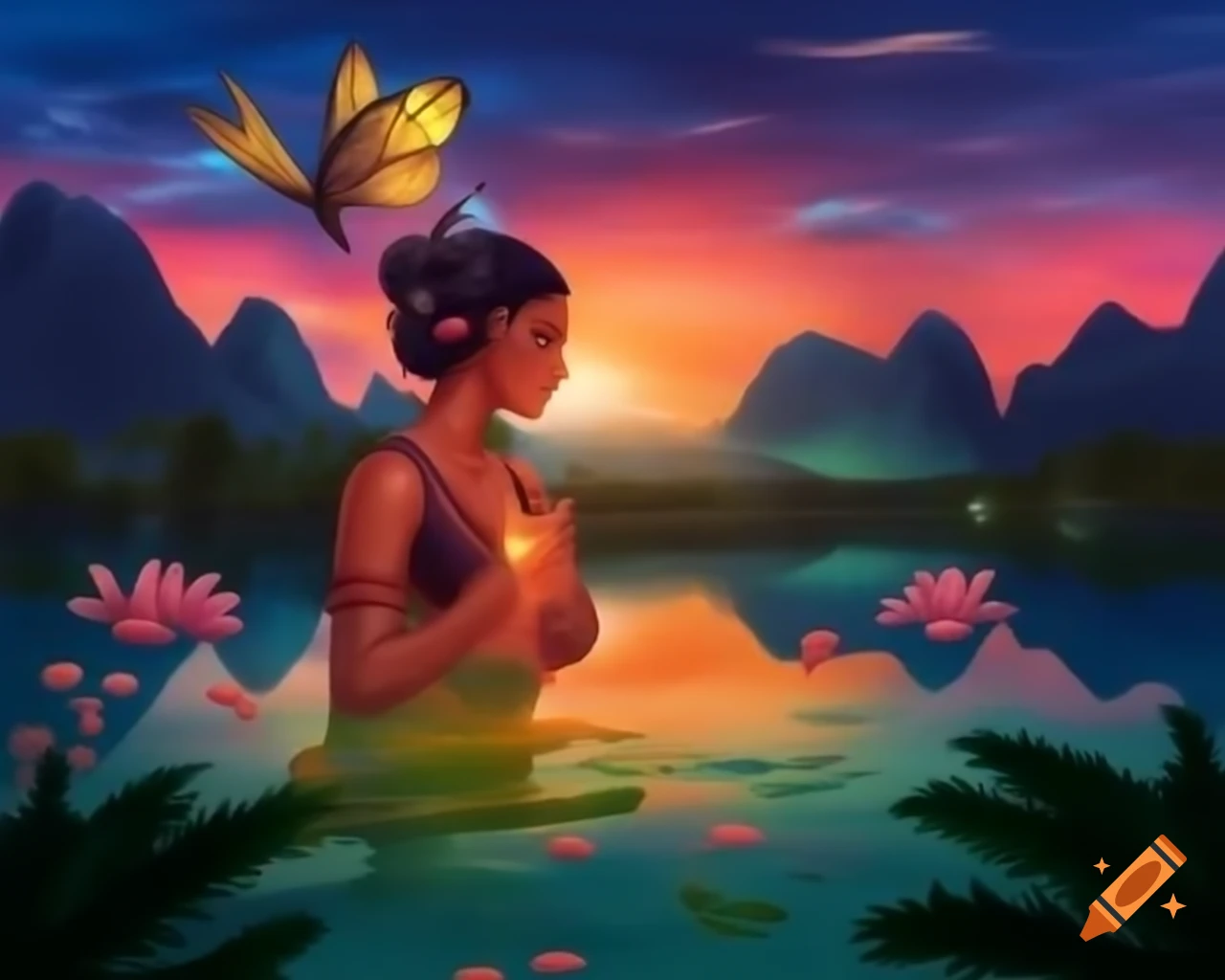 Beautiful woman in tropical paradise surrounded by colorful objects and