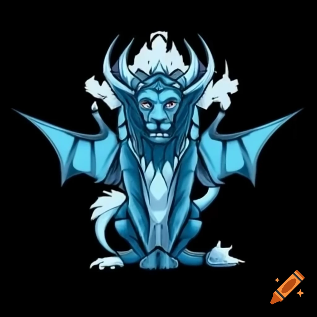 Mythical creature with lion body, icy mane, and bat-like wings