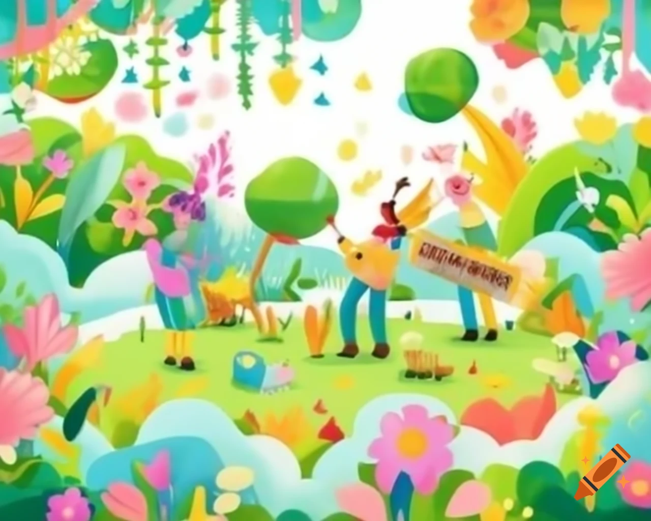 Whimsical animated garden with musical instruments and dancing leaves