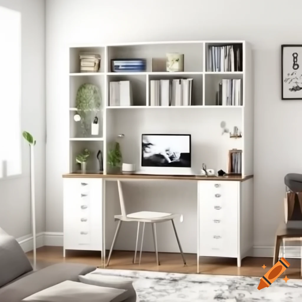 Modern home office with white desk, shelves, coffee corner, mini bar fridge, library, and couch