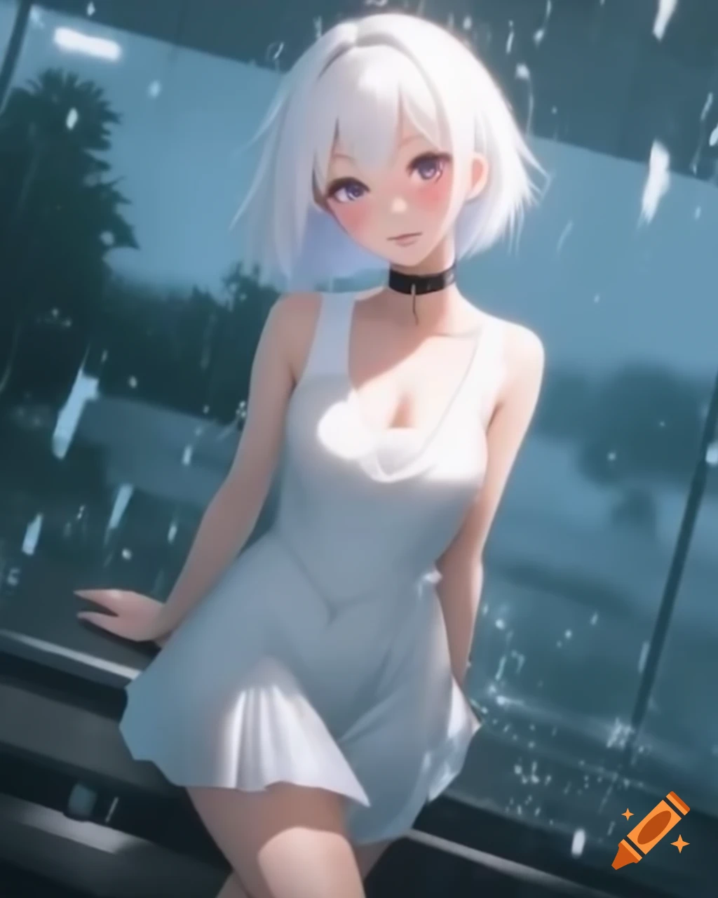 Anime woman with white hair and white dress on a rainy day, realistic style