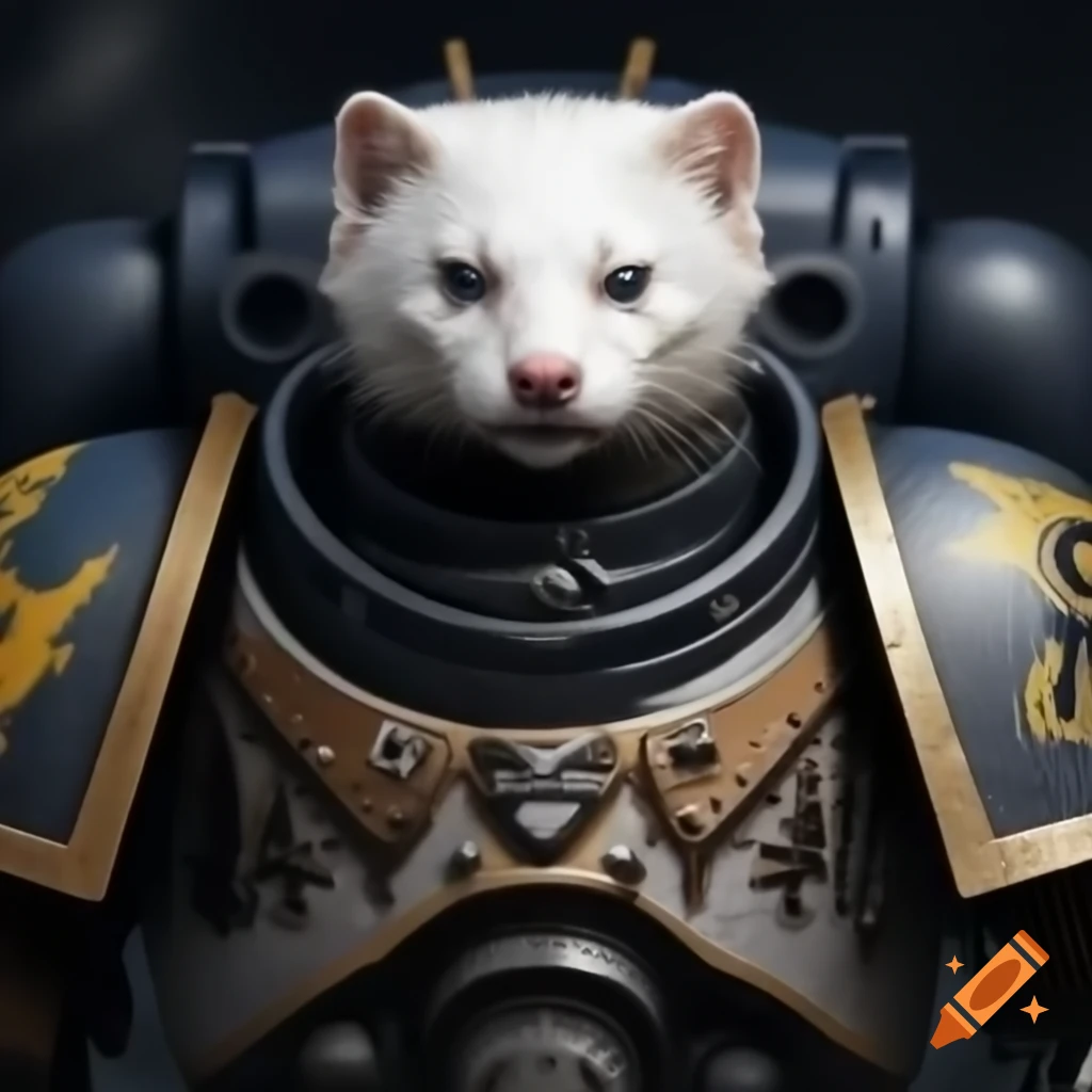 White mink character as space marine in Warhammer 40k theme