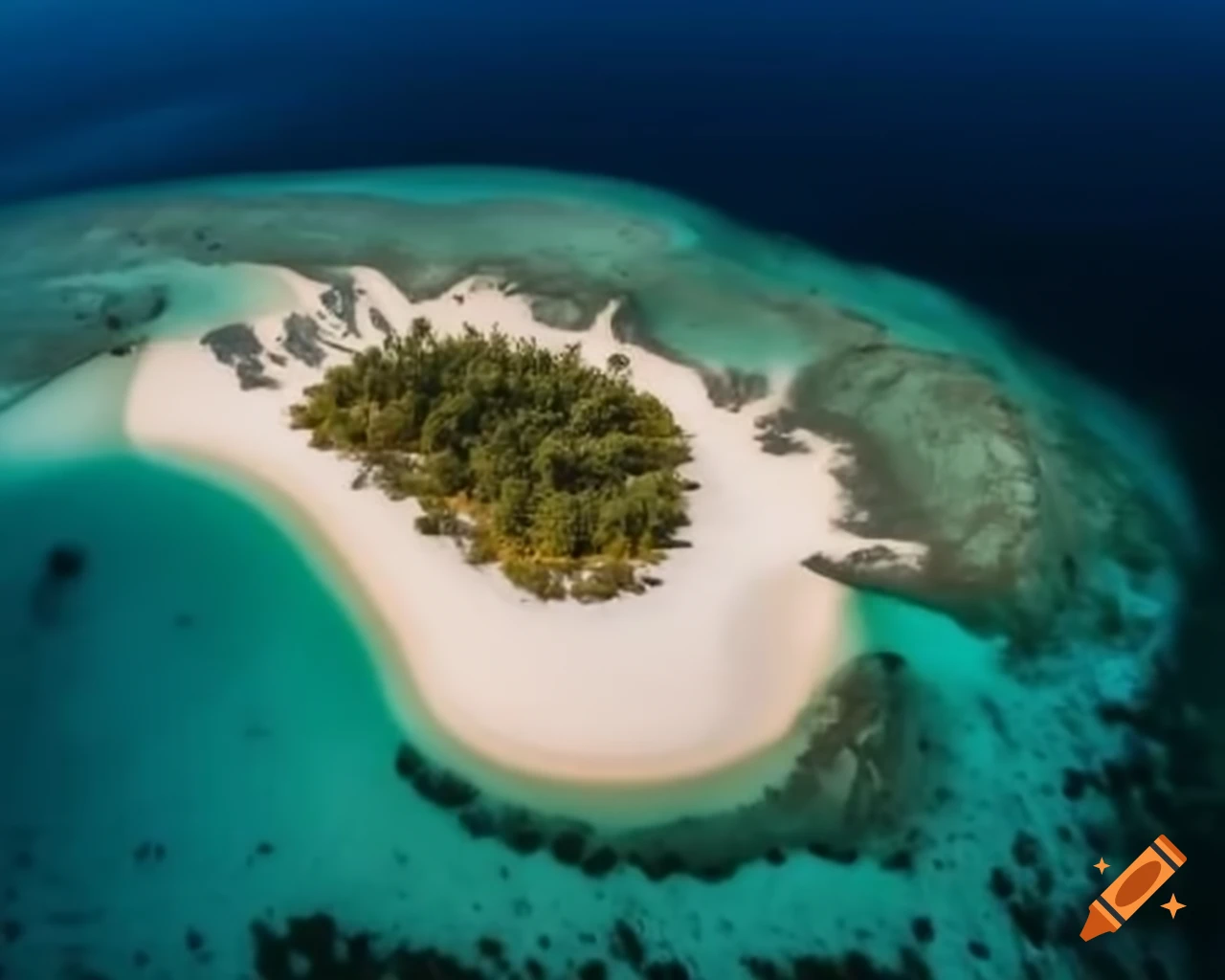 Desert island with pristine sand, turquoise ocean, and palm-fringed coastline under warm sunlight