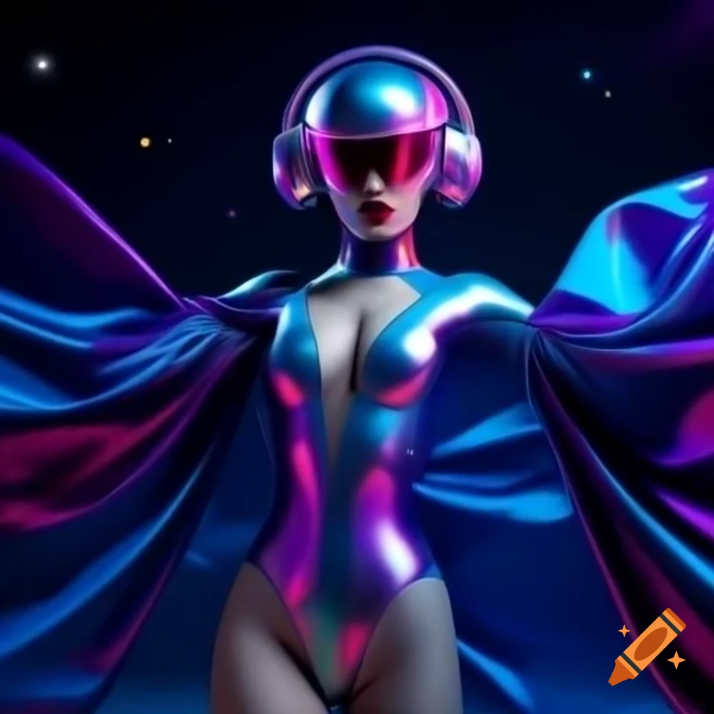 Futuristic drag look featuring LED lights and cosmic pattern bodysuit