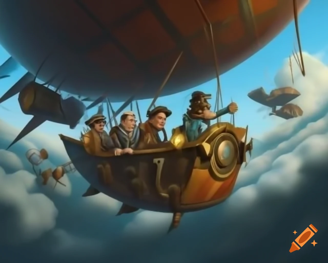 Steampunk airship soaring through clouds with clockwork details