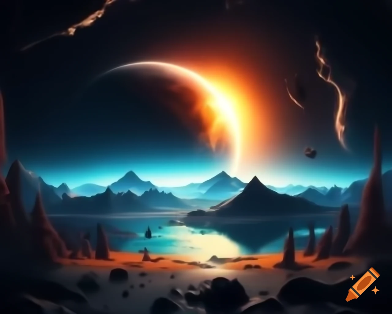 Photorealistic 3D render of sunset over mountain lake with sun rays