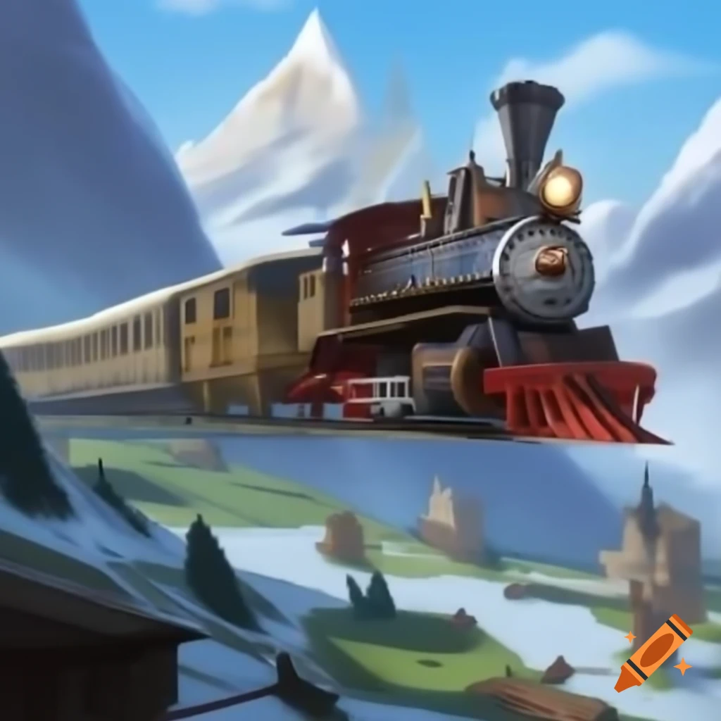 Gothic style hovering train with five cars and engine against snow-covered mountains, Dungeons and Dragons theme
