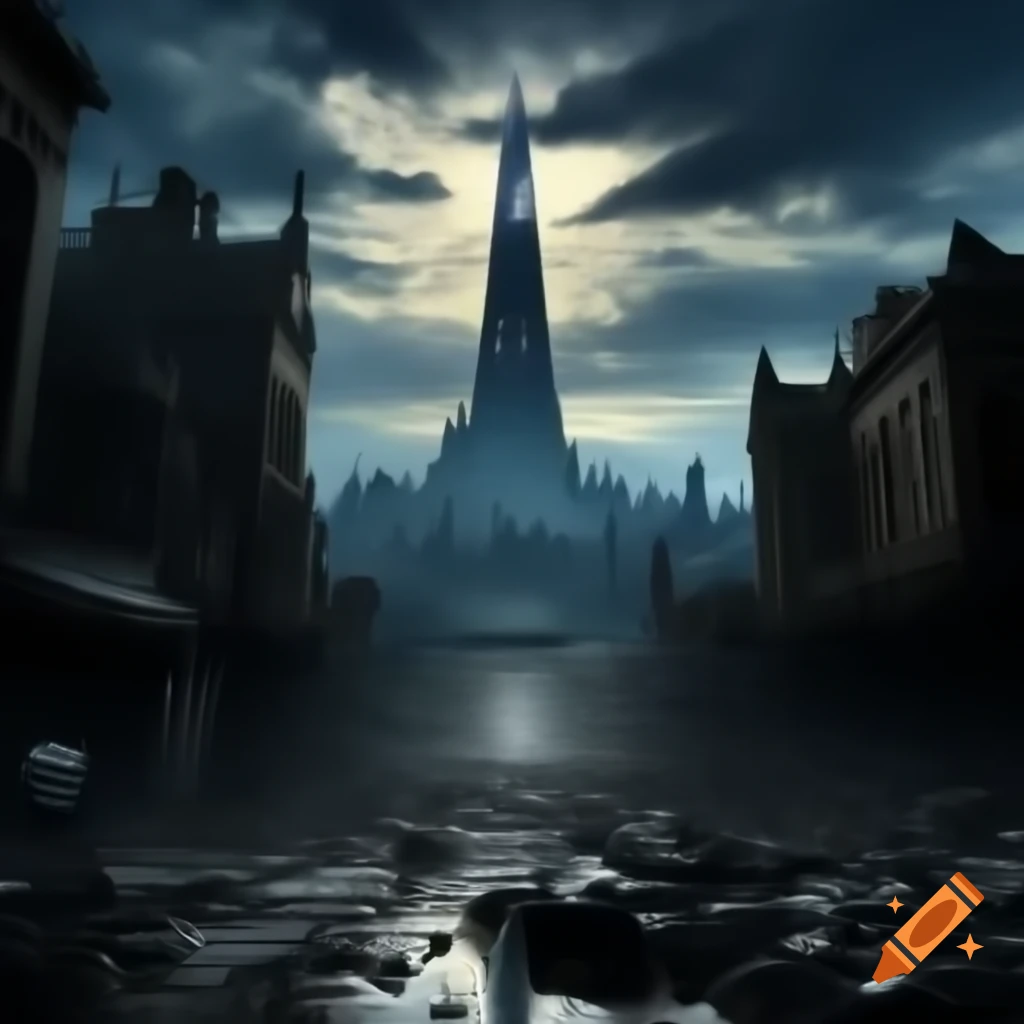 Eerie city with obsidian spires and dusk sky casting shadows