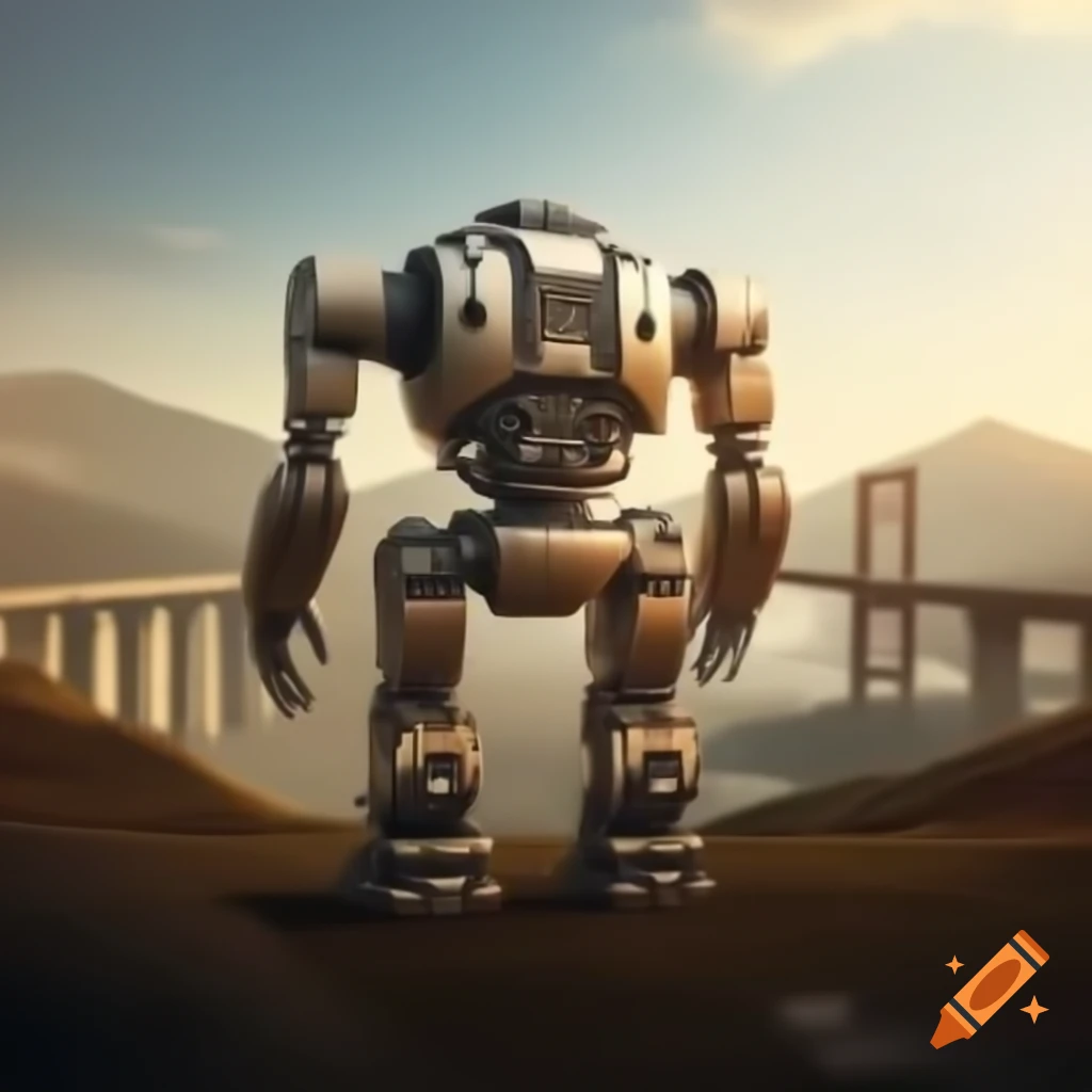 3D robot on bridge in hilly region at sunrise