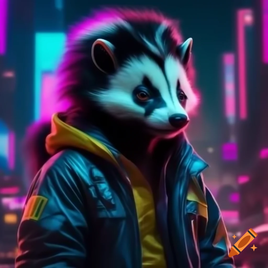 Skunk in high-tech jacket with LEDs in a neon dystopian city with 1980s aesthetic