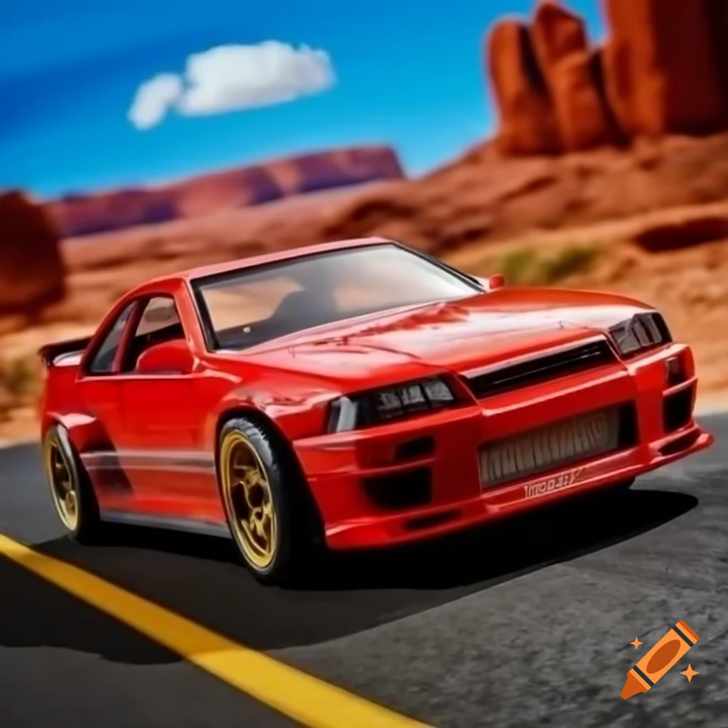 Red M3 E36 Hot Wheels toy car in desert environment