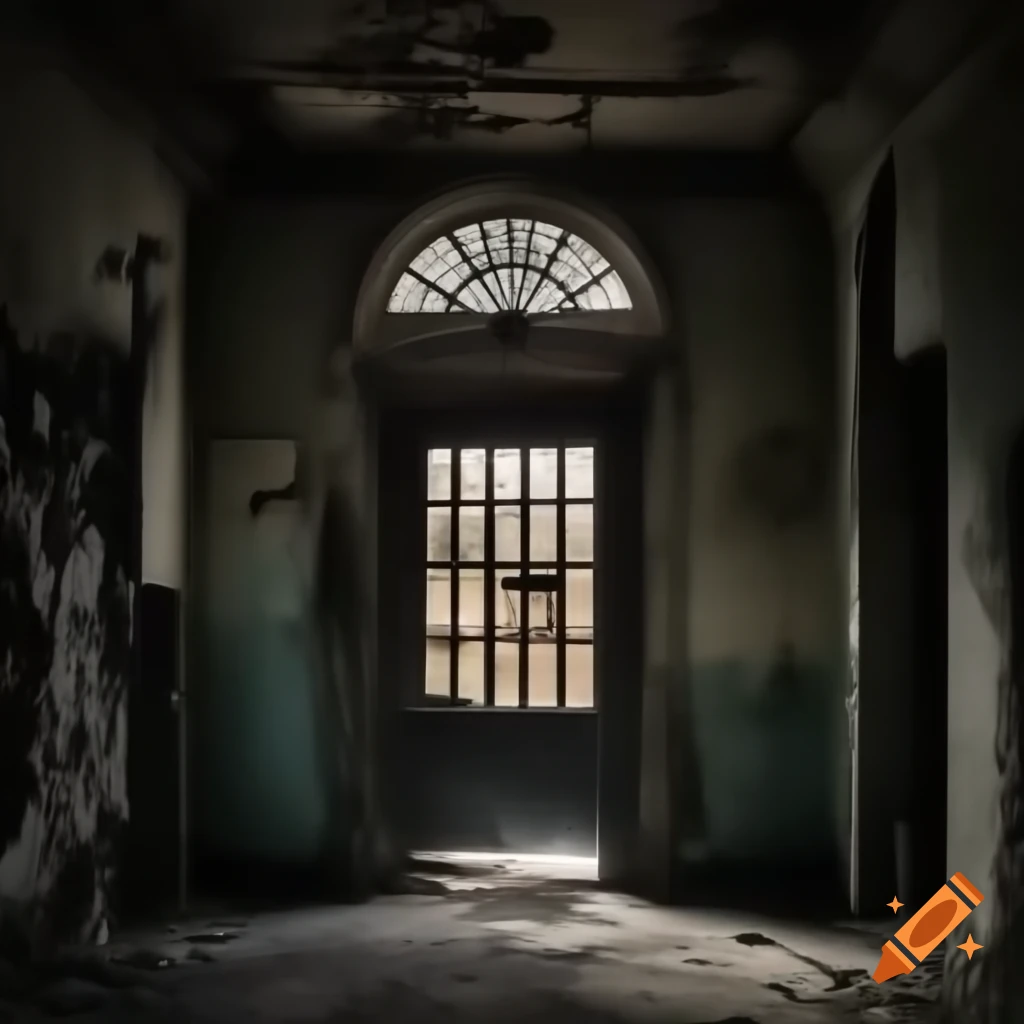 Dark entrance of an abandoned asylum