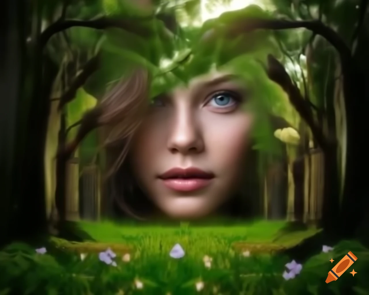 3D render of a woman's face surrounded by old growth trees in a forest, showcasing naturalism