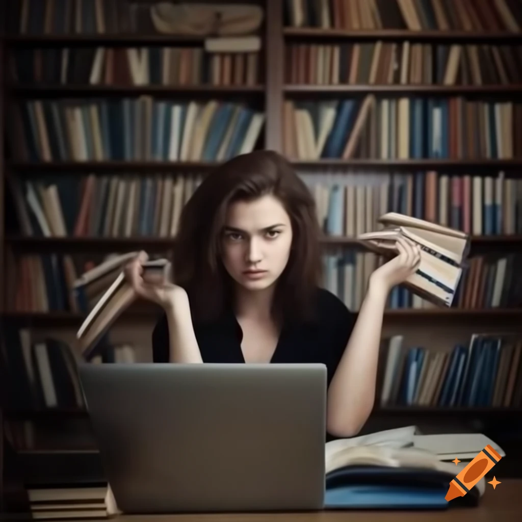 Exhausted lady in a room filled with books and a laptop
