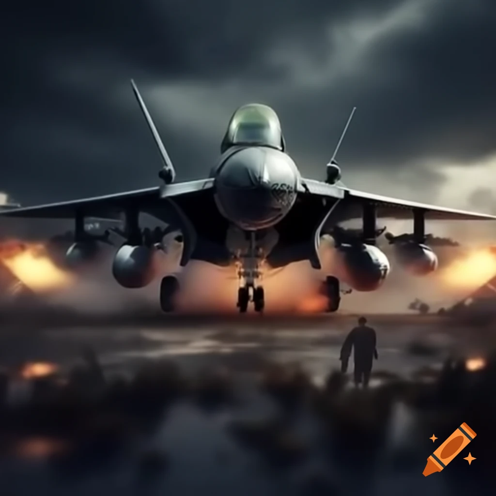 Military jets bombing a building in a war scenario