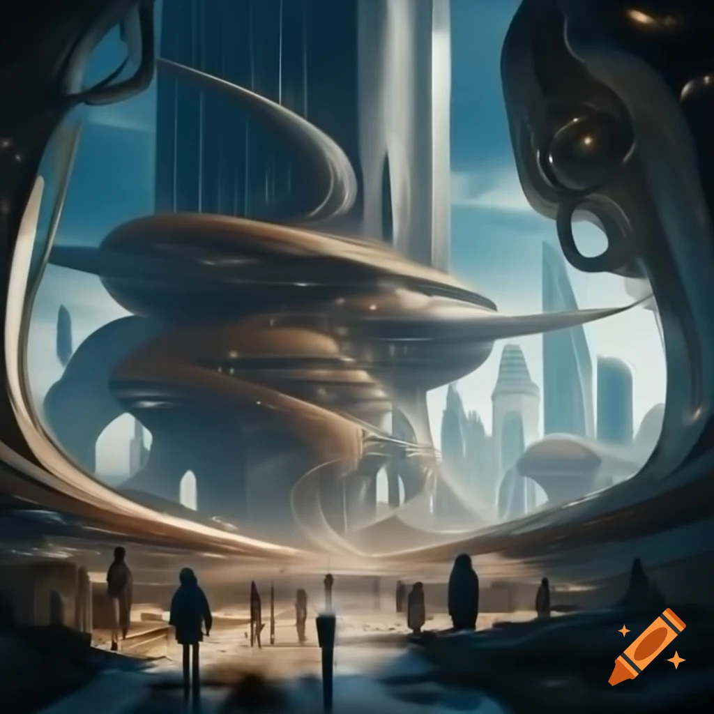 Futuristic city with organic architecture and shimmering steel and glass buildings