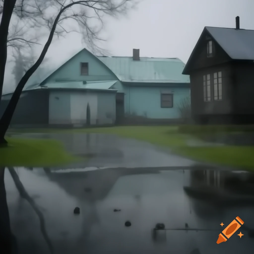 Nostalgic rainy yard in old Russian setting