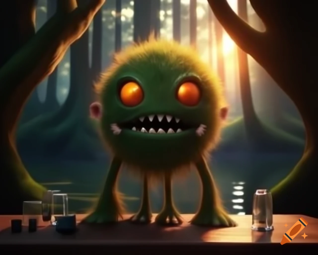 Hyper-realistic orange tree monster with human face in a contemporary forest setting