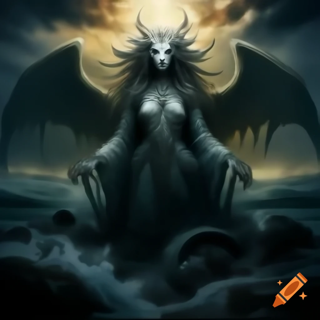 Haunting universe with mythical creatures in ancient sea