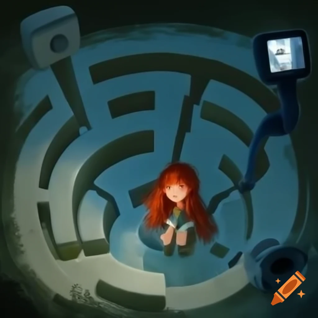 Girl with red hair exploring concrete basement labyrinth via security camera