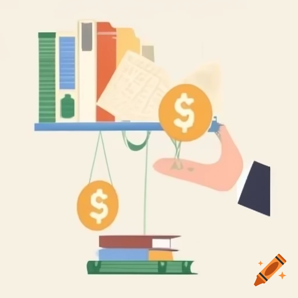 Illustration of a bookshelf with books being passed between hands, featuring money and recycling icons