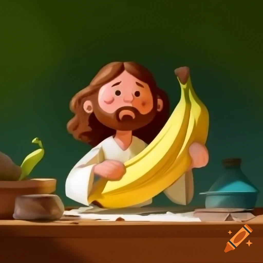 Creative depiction of a whimsical scene featuring Jesus riding a banana and eating a fish