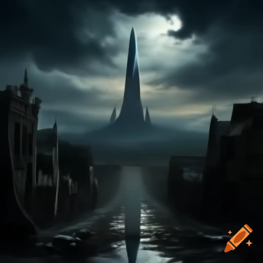 Eerie city with obsidian spires and dusk sky casting shadows