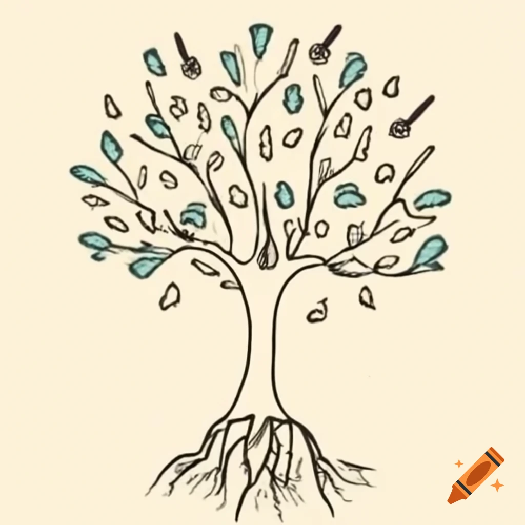 Freehand sketch of personal tree highlighting roots and significant life events