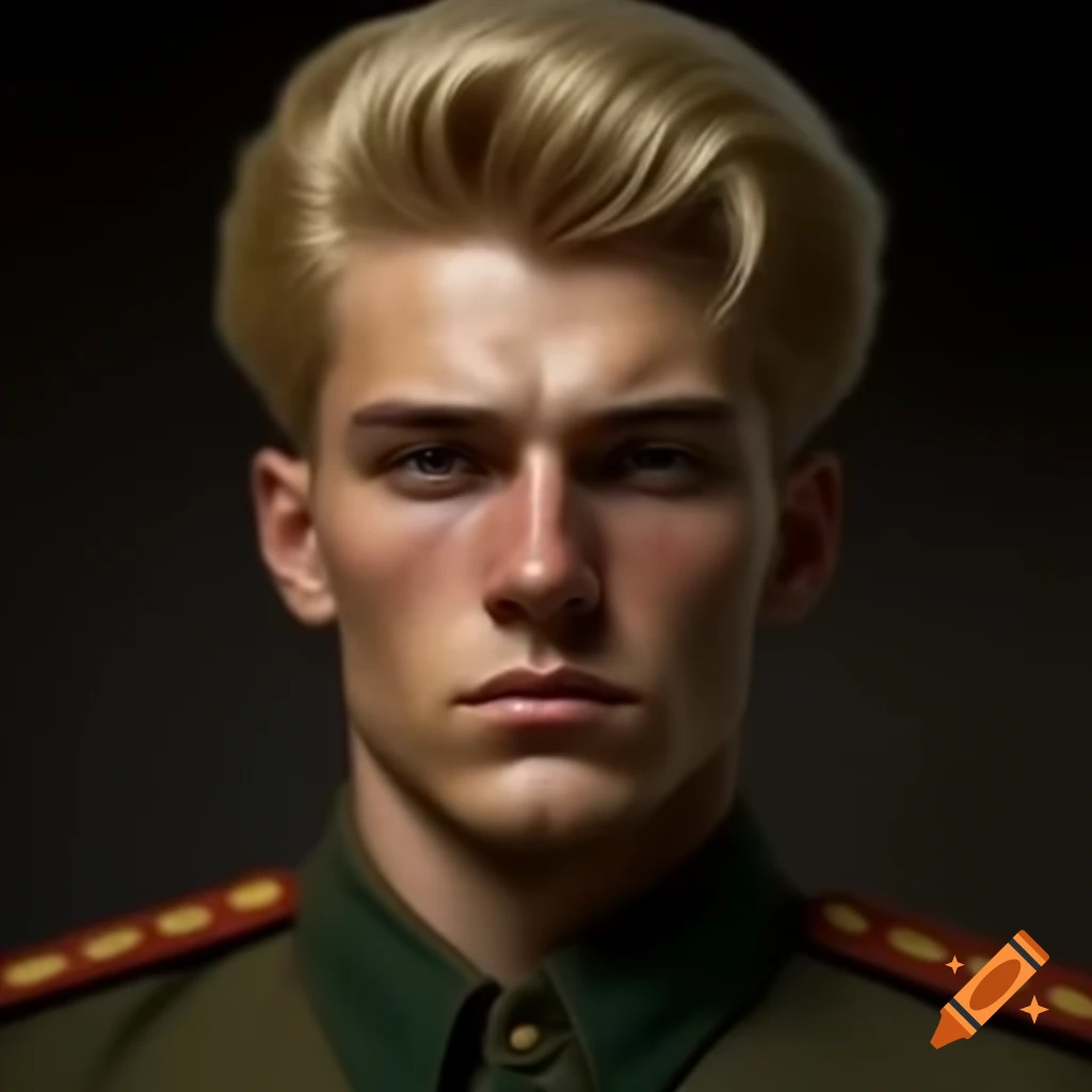 Handsome blond-haired Soviet Union army man in a realistic dark setting