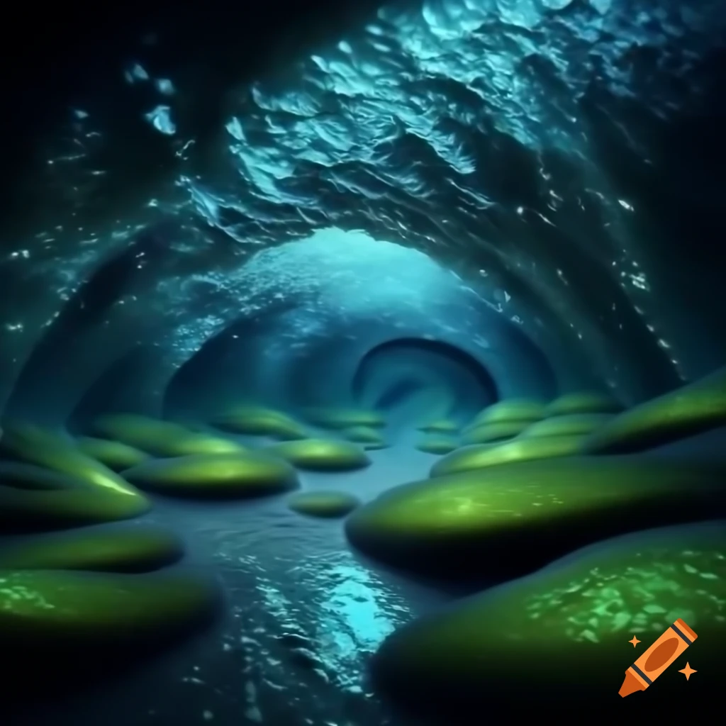 Underground metropolis with crystalline spires and bioluminescent algae