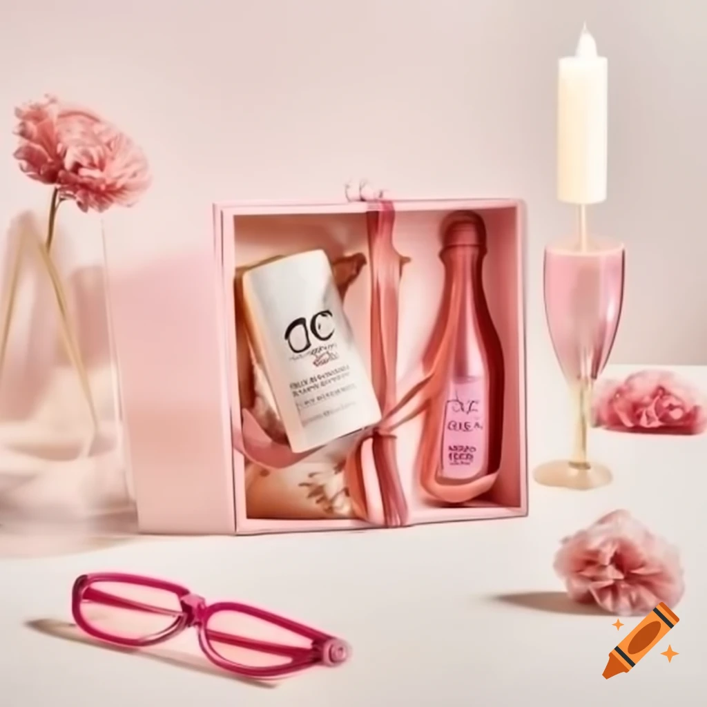 Elegant pink gift box with vintage champagne glasses and a sleep mask