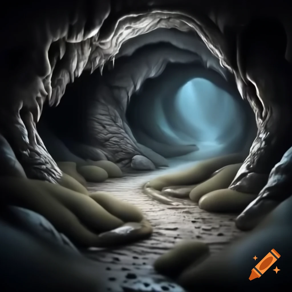 Intricate silver engraving of a dreamlike cave path