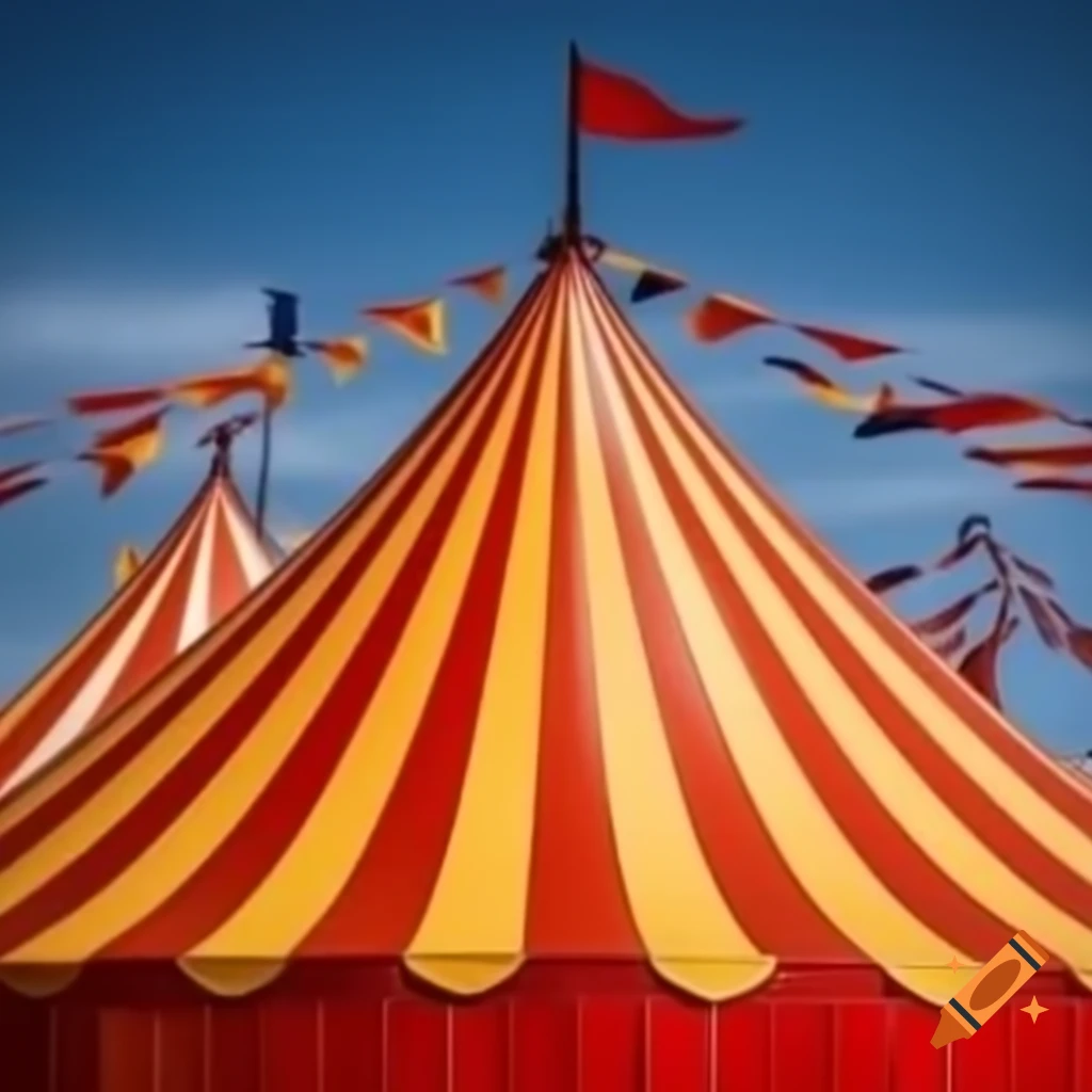 Close-up of orange, yellow, and red striped circus tent