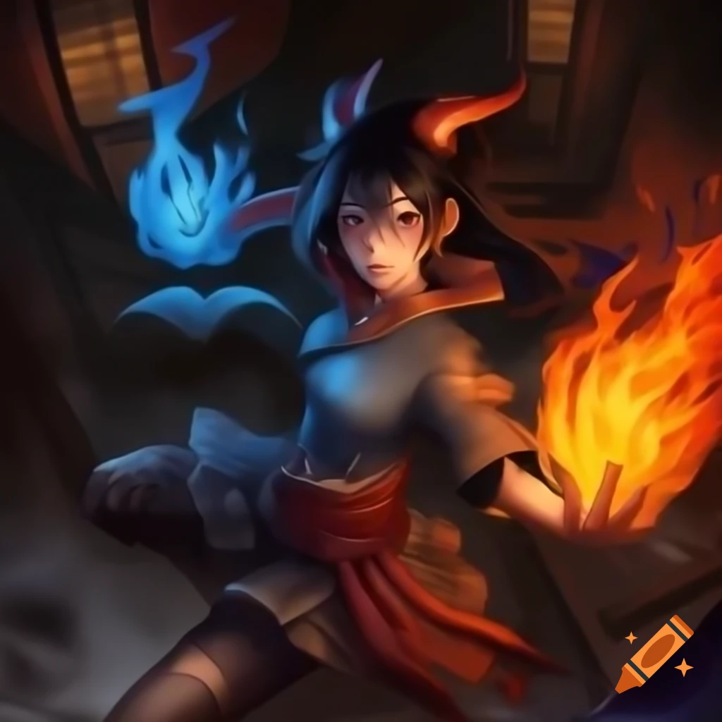 Anime human demon hybrid with flames in historical style, featuring blue, orange, and earth colors