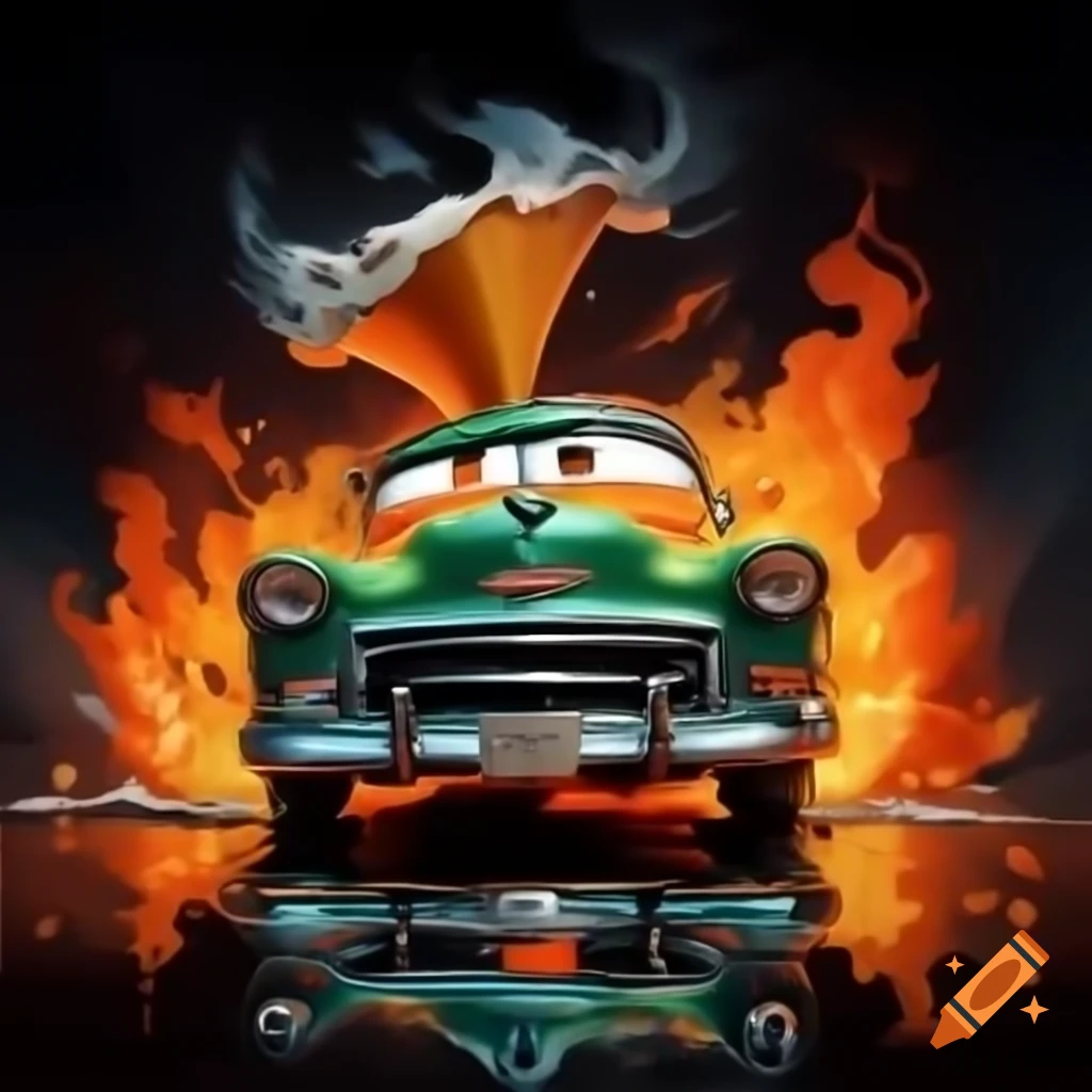Cartoon car flowing down beer funnel and exploding into fire