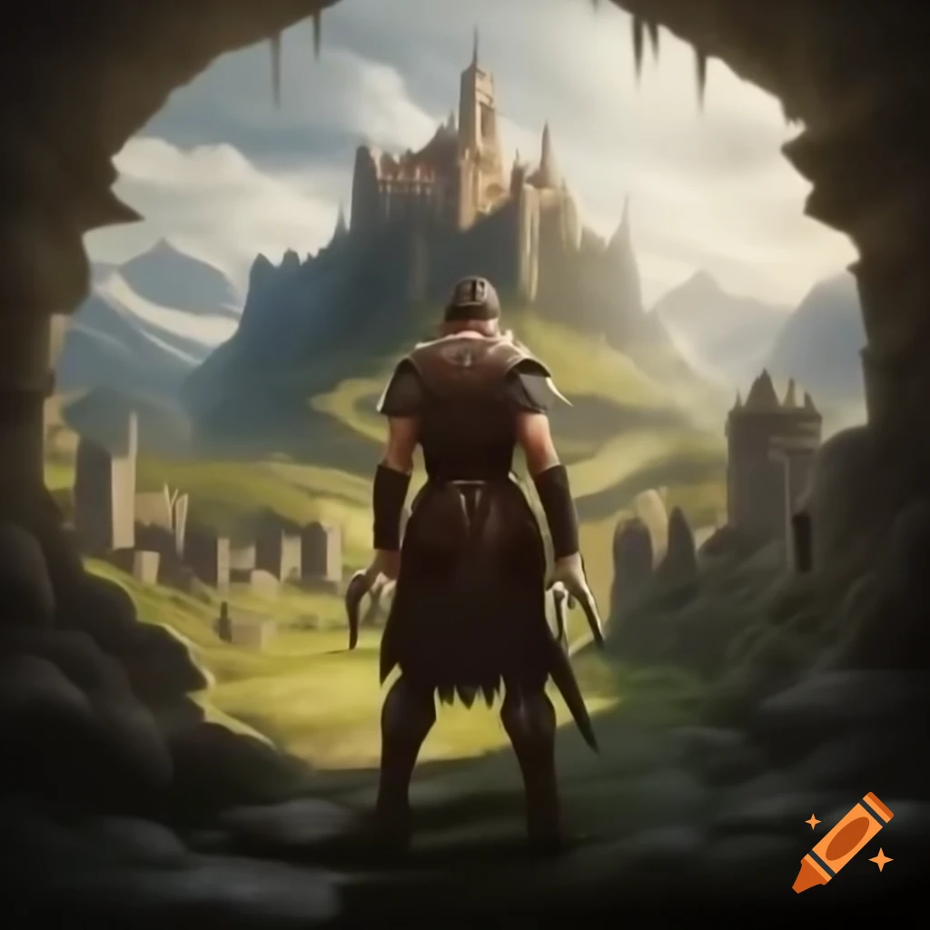 Warrior in leather armor facing fortress attacked by dragons in mountains