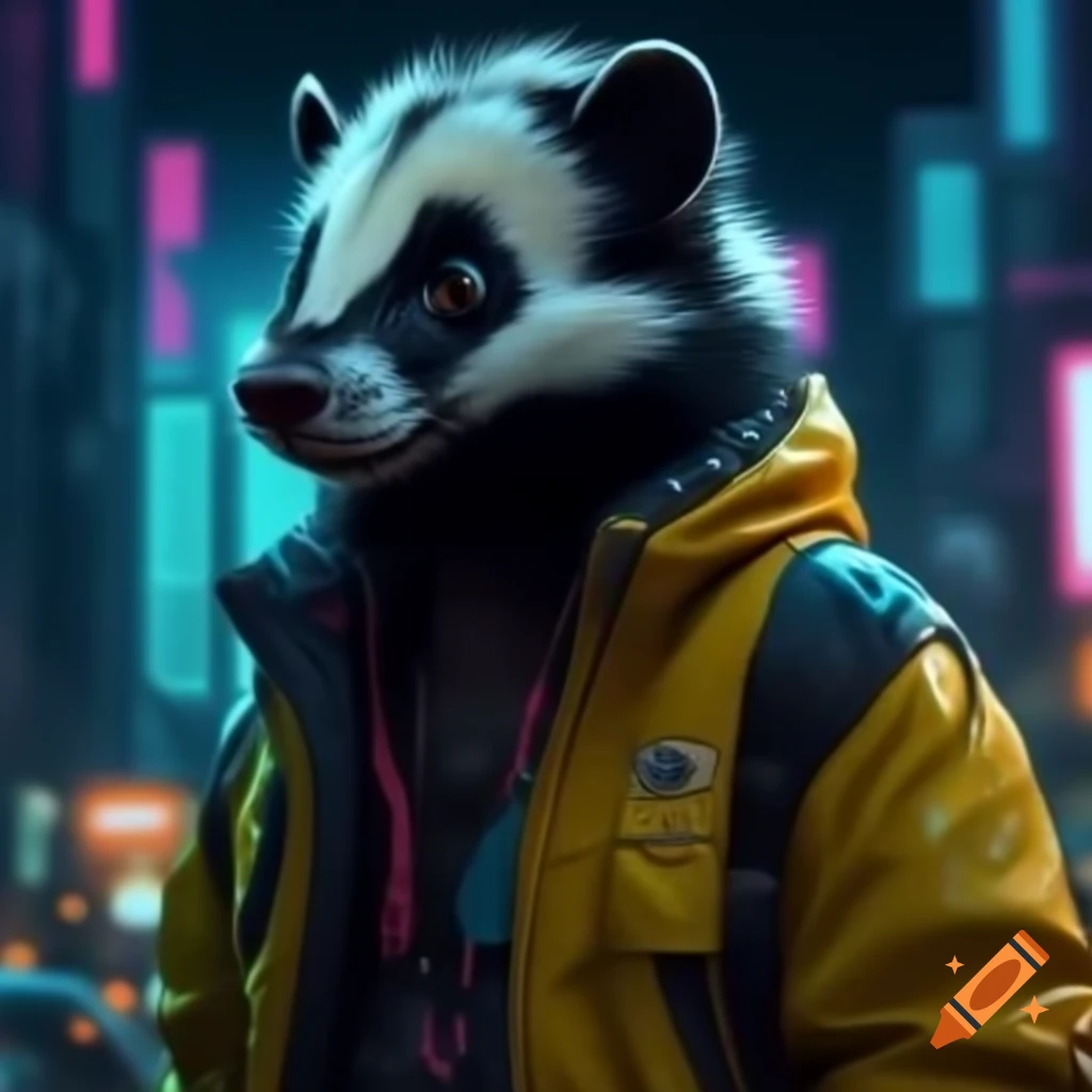 Skunk in high-tech jacket with LEDs in a neon dystopian city with 1980s aesthetic