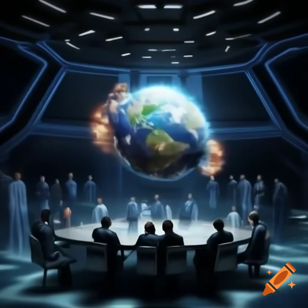 Hologram of Earth exploding on table in sci-fi room surrounded by people in suits