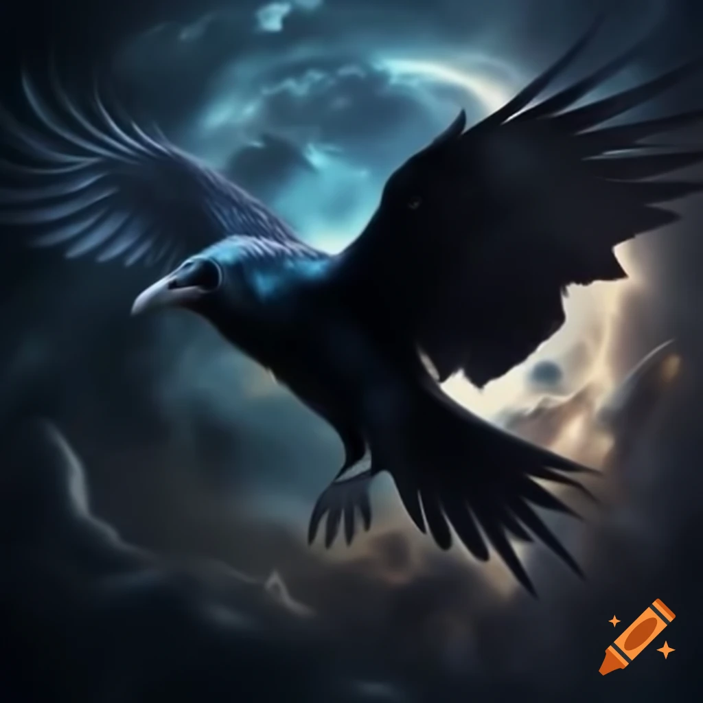 Celestial raven soaring in the sky