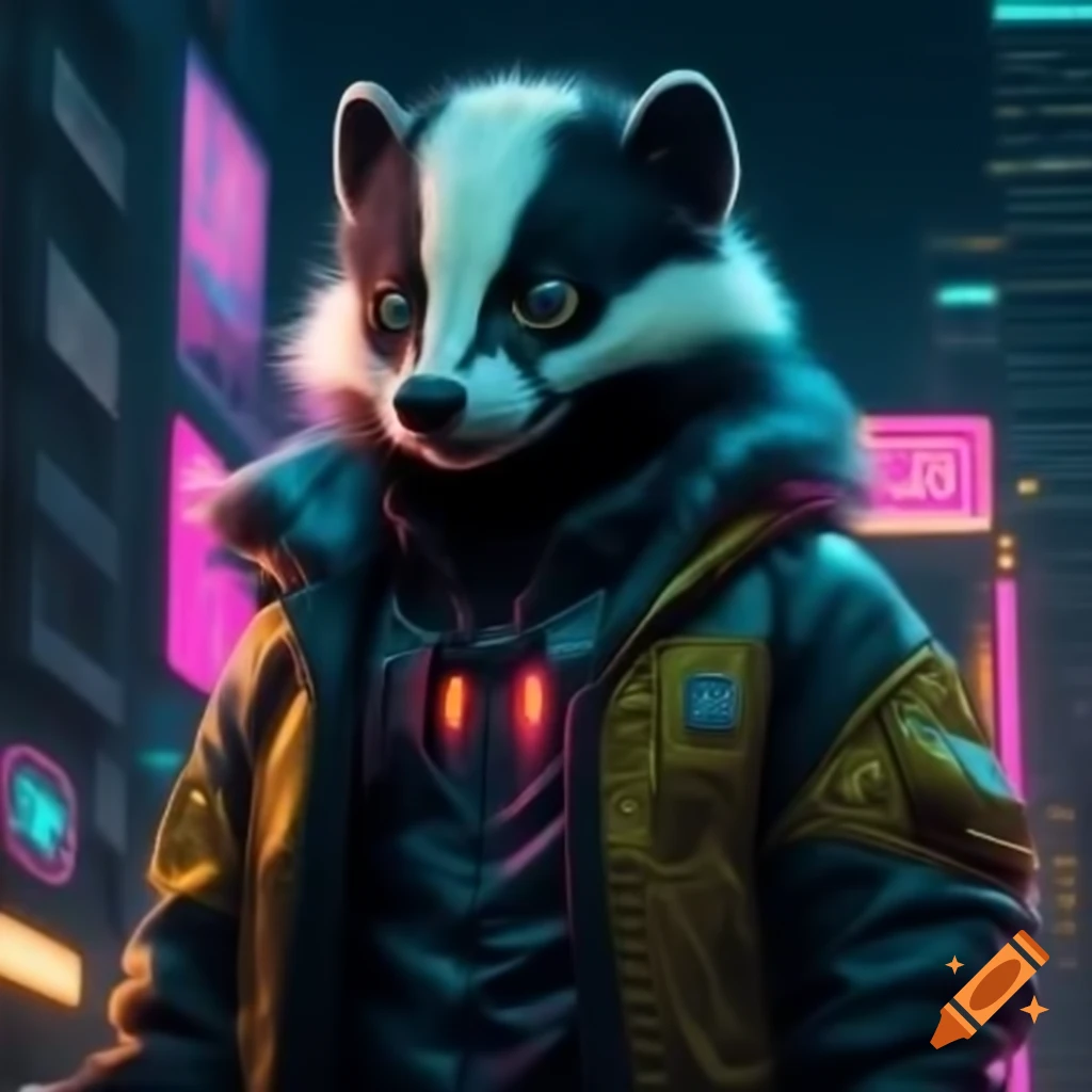Skunk in high-tech jacket with LEDs in a neon dystopian city with 1980s aesthetic