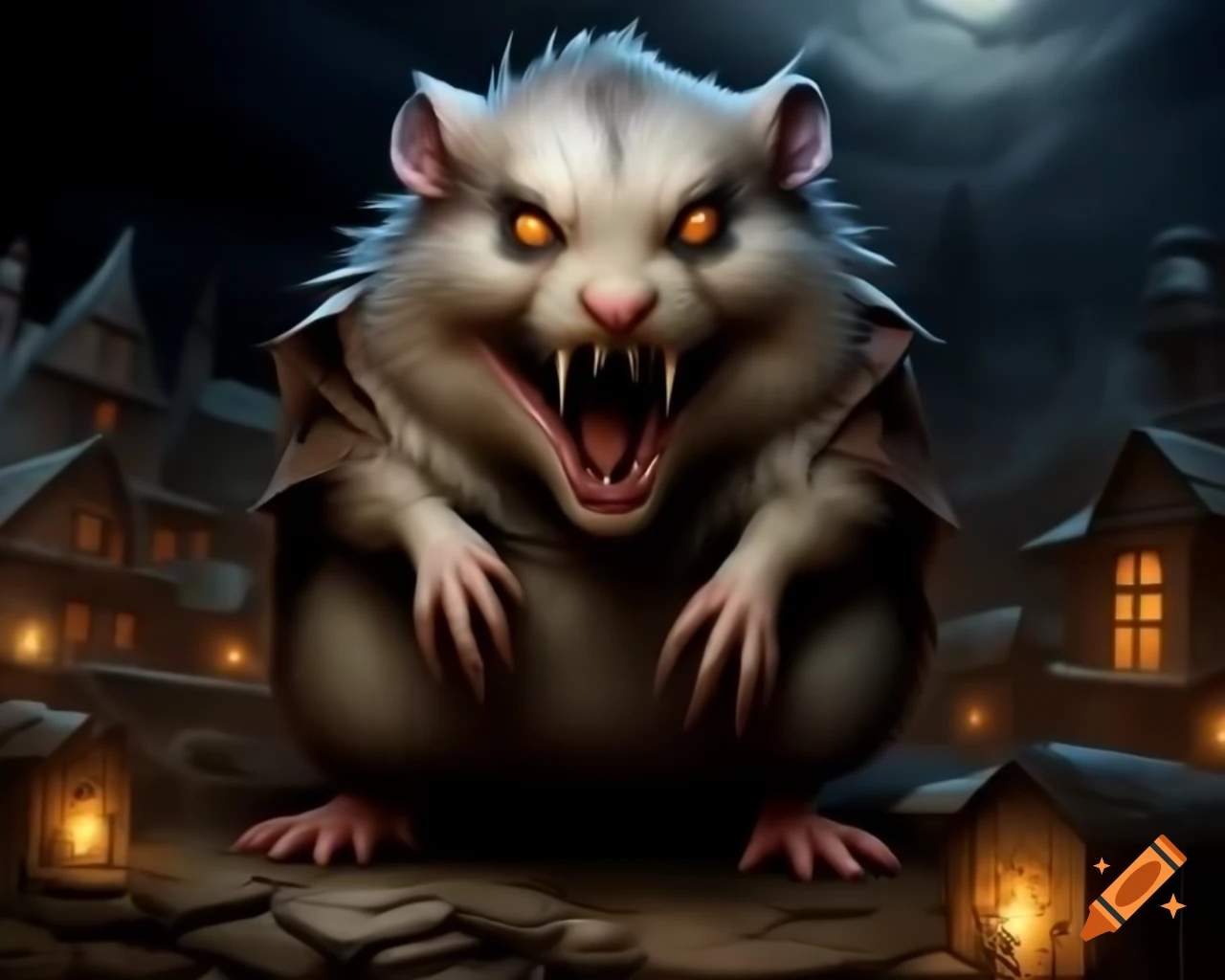 Sinister giant hamster with sharp teeth invading village, dark fantasy art