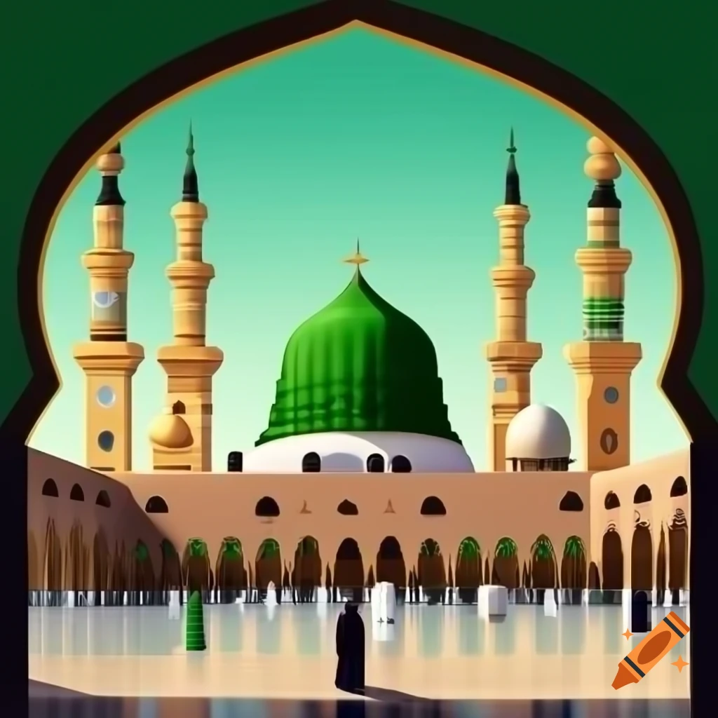 Vector illustration of Madinah Sharif with green dome in Holy Mosque
