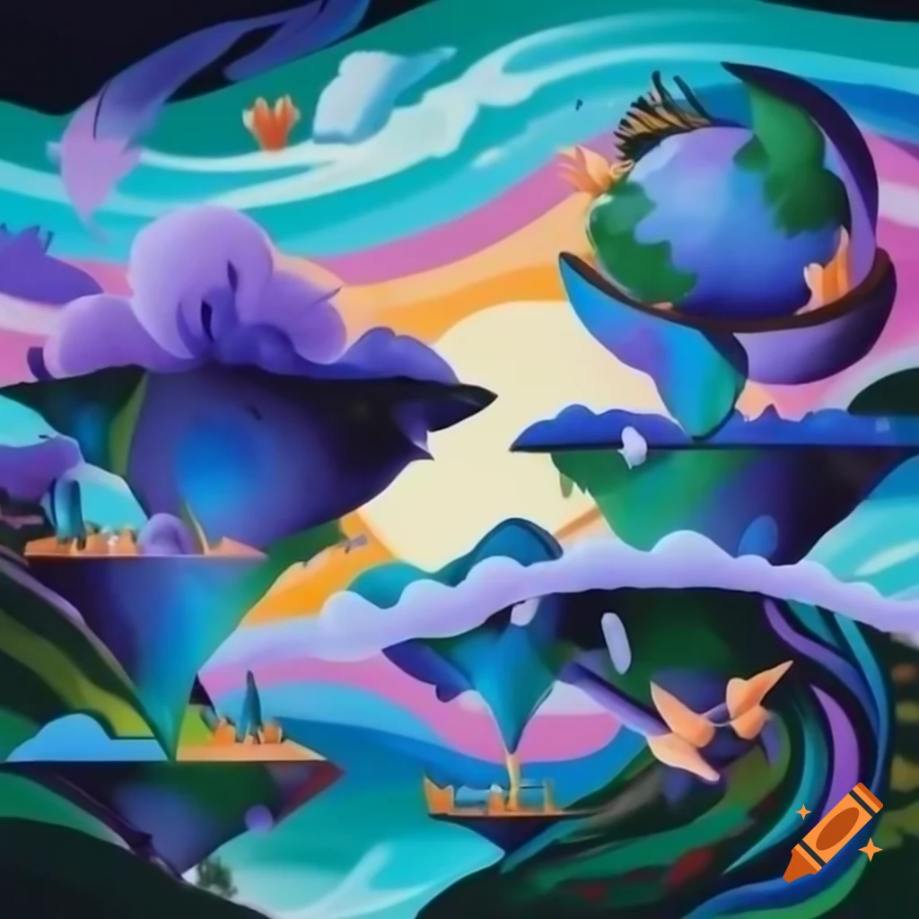 Surreal landscape with vibrant colors and fantastical flora and fauna