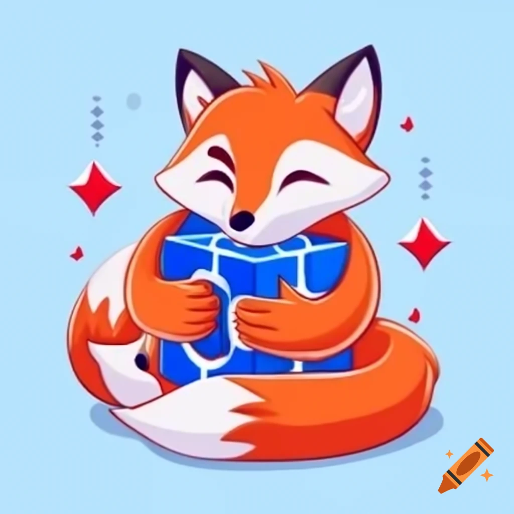Fox mascot hugging a glowing cube