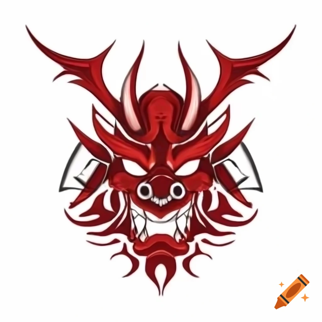 Demon samurai logo with glowing red eyes and angular design