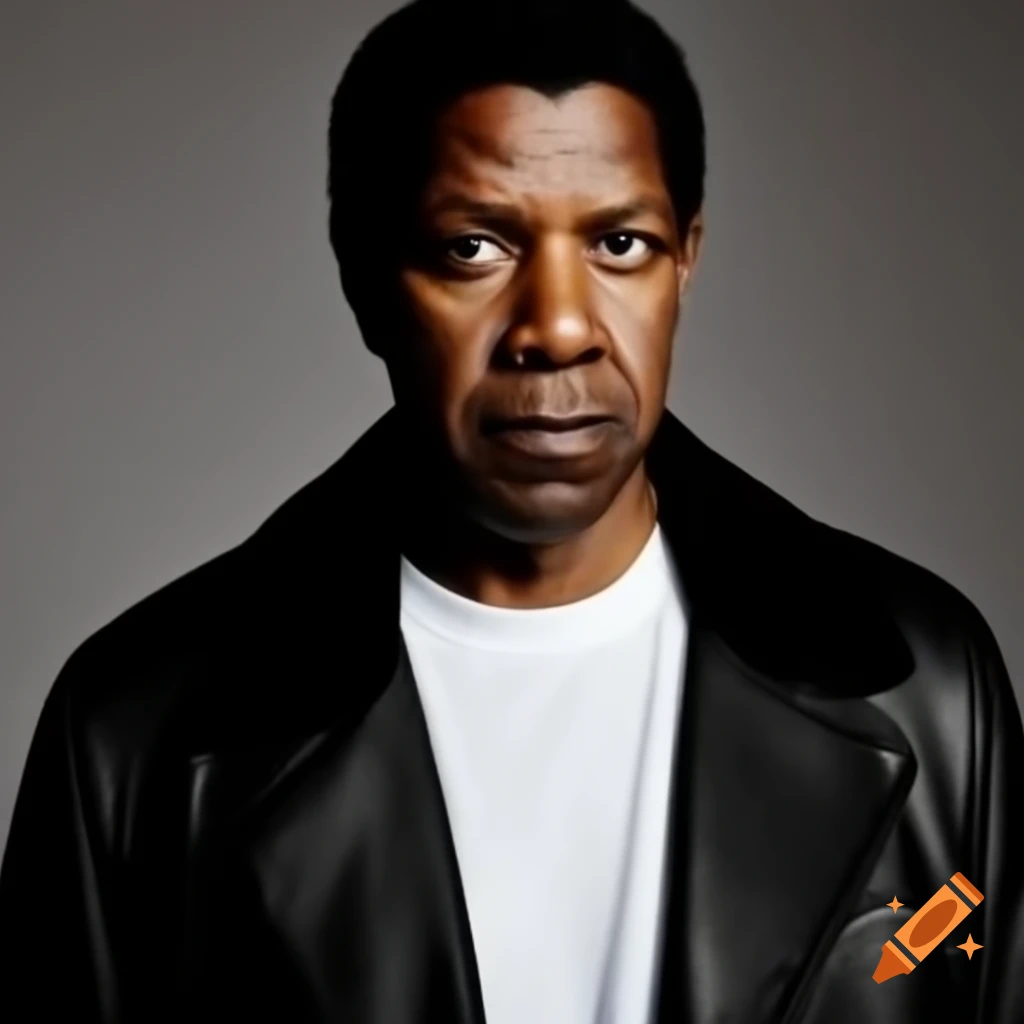 Denzel Washington in black leather jacket and white t-shirt