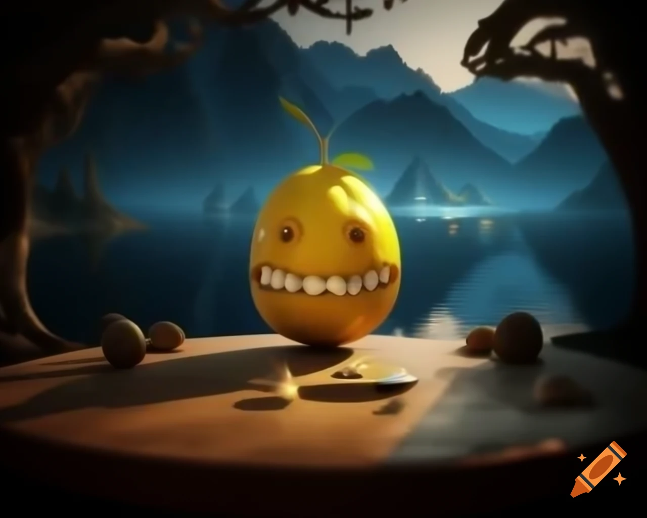 Surreal lemon monster sculpture in 3D rendering
